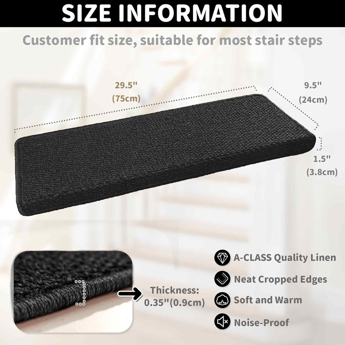 Brakki Bullnose Carpet Stair Treads, Non Slip Stair Treads for Wooden Steps Indoor, Stair Runner, Soft Stair Rugs, Edging Stair Protectors, Washable, 29.5"x9.5"x1.5" 14pcs, Beige
