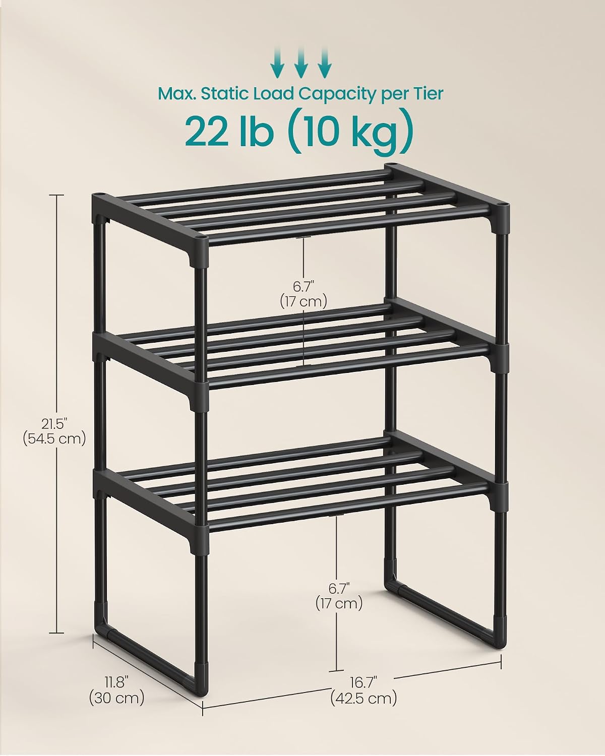 SONGMICS Shoe Rack, 6-Tier Shoe Organizer, Metal Storage Shelf, Upright or Upside Down, for 24-30 Pairs, Stackable, for Entryway, 11.8 x 36.2 x 42.7 Inches, Black ULSA306BH01