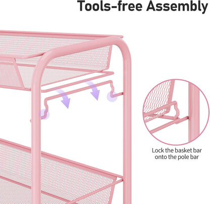 TOOLF 3-Tier Metal Rolling Cart, Mesh Wire Easy Assemble Utility Cart, Storage Trolley on Wheels with 3 Hooks, MetalStorage Shelving Units for Kitchen Bathroom Laundry Room