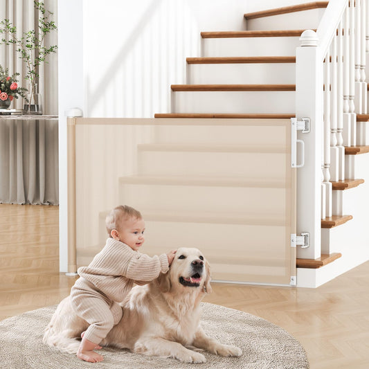Retractable Baby Gate for Stairs & Doorways, Mesh Dog Gate Indoor Outdoor, Extends to 55" Wide 34" Tall Child Gate for Hallways, Deck, Porch, Pet Toddler Safety Essentials, Easy Install, Grey