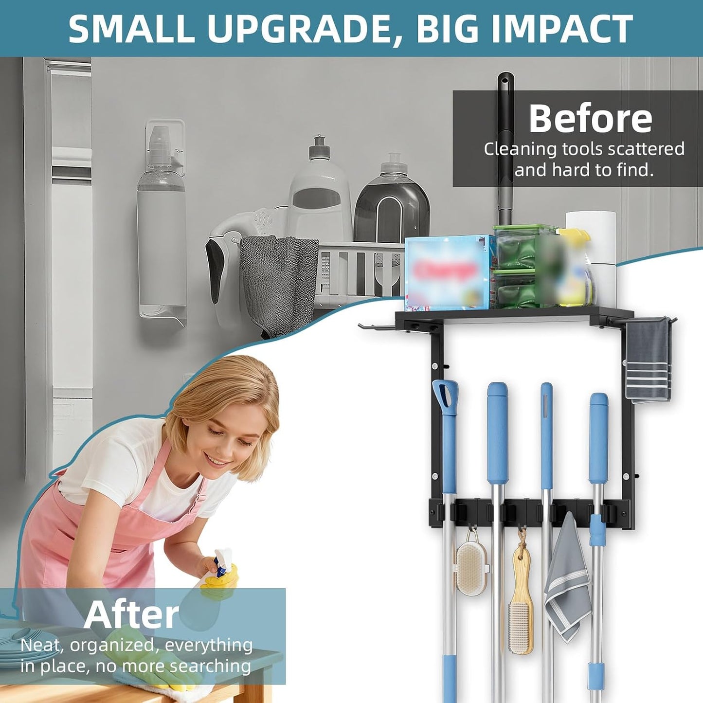 Broom Holder Wall Mount with Cleaning Supplies Organizer, Laundry Room Organization and Storage Shelves, Mop Hanger Broom Rack with Hooks, Home Improvement Kitchen Shelf Garage Organizer