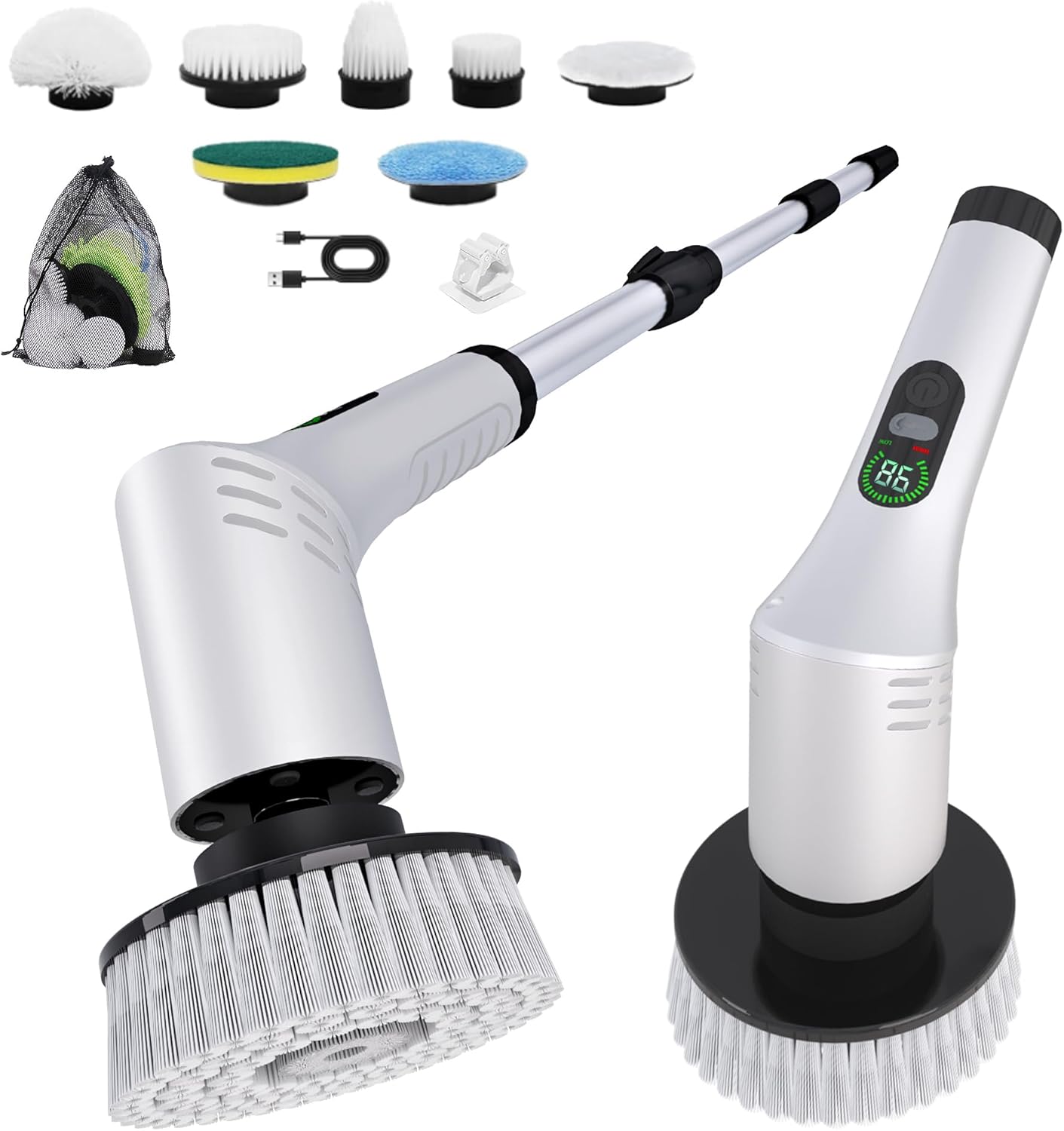 Electric Spin Scrubber,Cleaning Scrubber Brush Electric for Home with Power LCD Display,Cordless Bathroom Scrubber for Bathroom Tile Glass Cleaning,Adjusted Head Angle with 7 Replaceable Heads