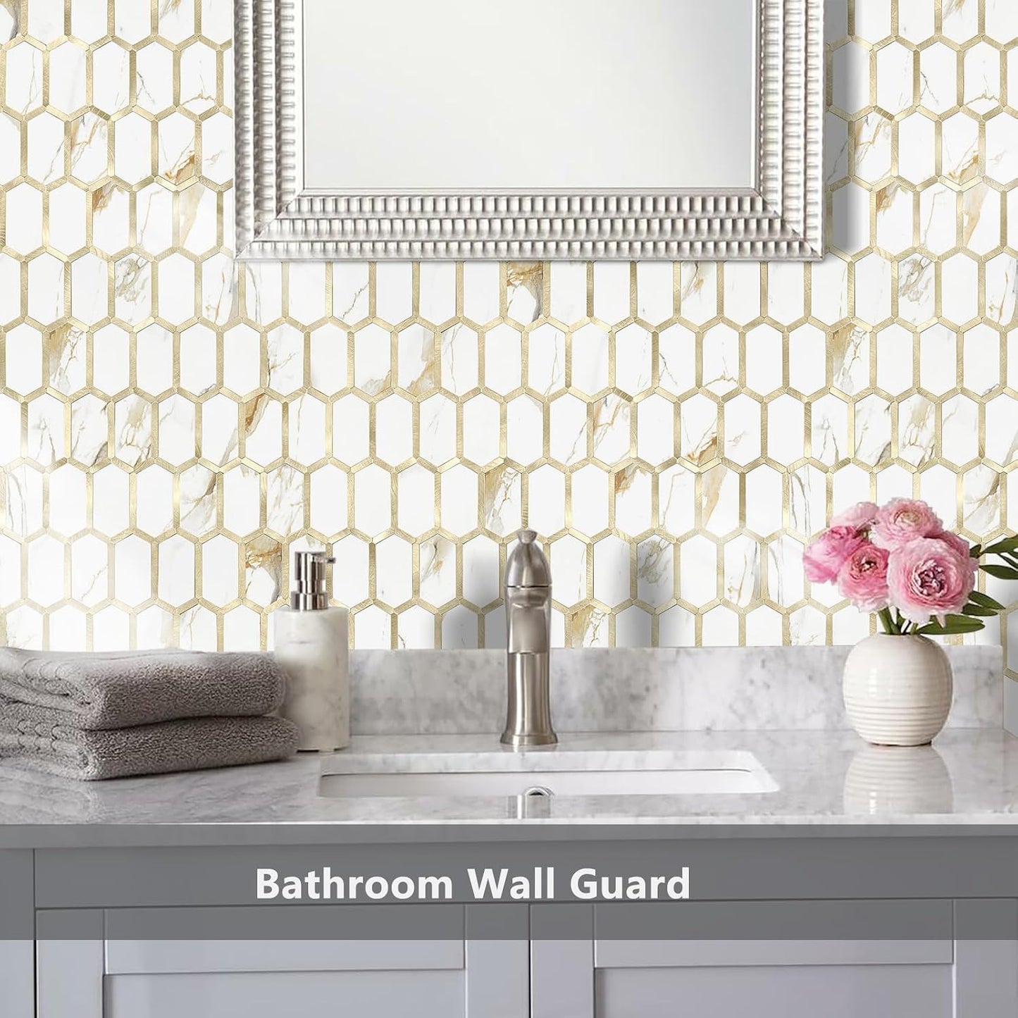 Vamos Tile Long Hexagon Peel and Stick Backsplash Tile - 10 Sheets Stick on Backsplash for Kitchen and Bathroom 12.4 x 12 Inch Glossy Wood Grain PVC Self Adhesive Mosaic Wall Tiles