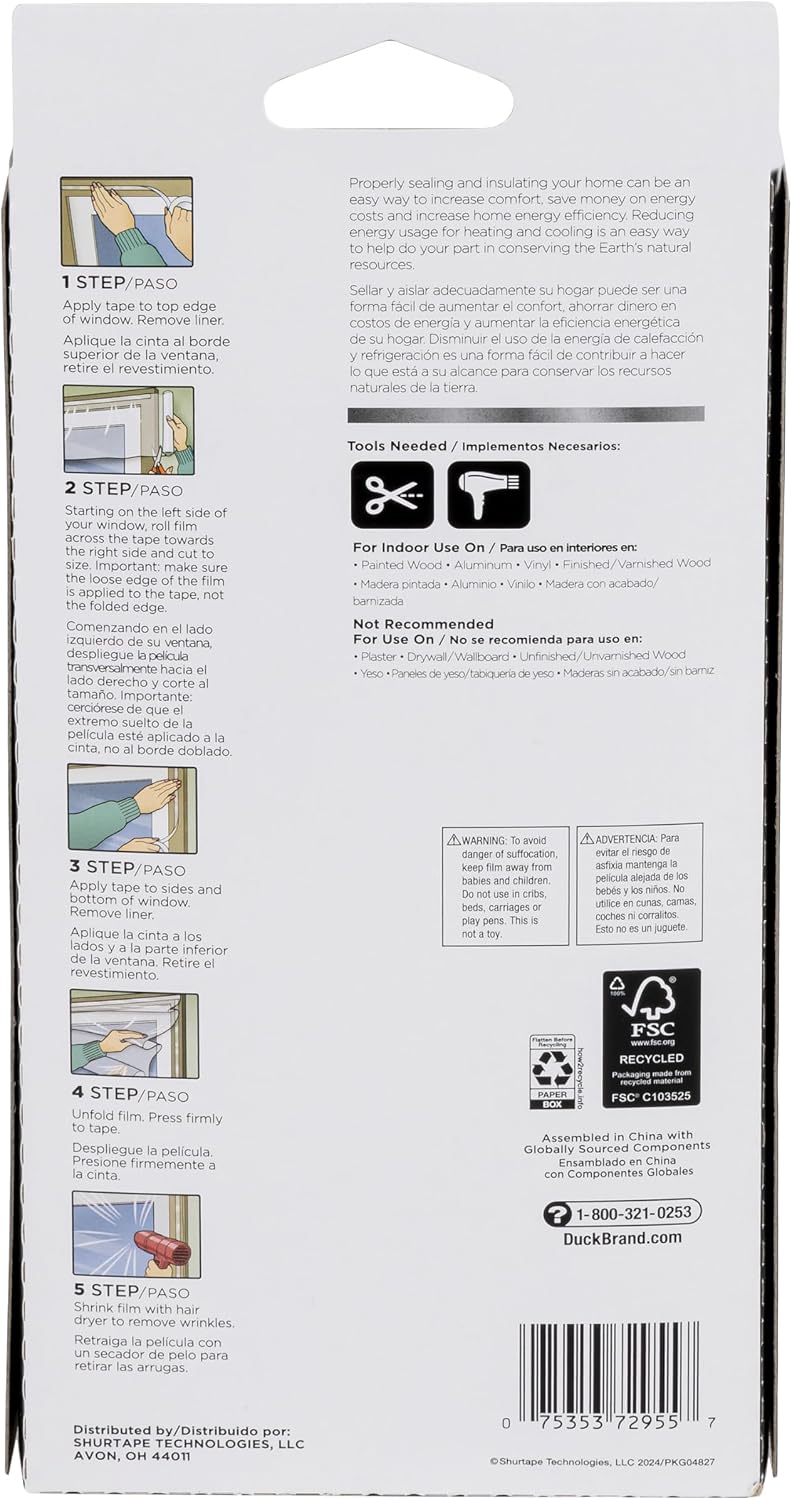 Duck MAX Strength Window Insulation Kit, Winter Window Seal Kit Fits up to 10 Windows, Heavy Duty Shrink Film Cuts to Size for Easy Indoor Installation, Window Tape Included,62 In. x 420 In., Clear