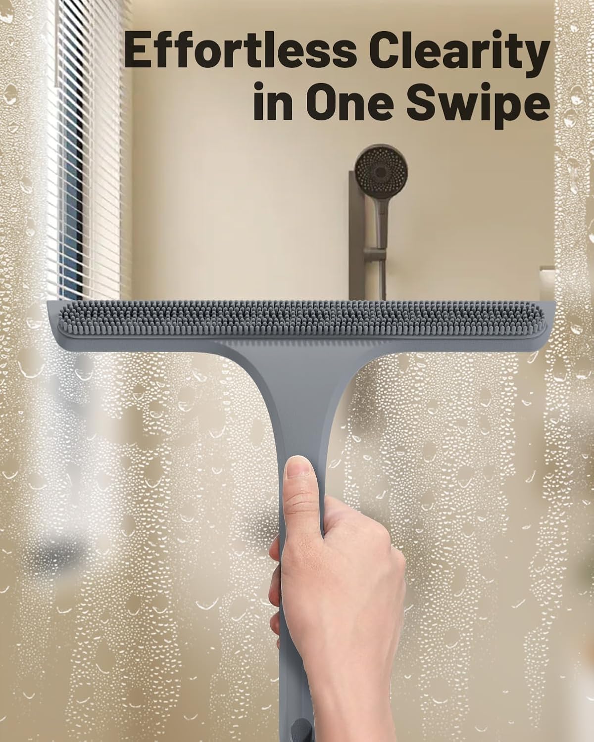 2-in-1 Silicone Shower Squeegee with Hook,Dual-Sided Design with Scraper & Scrub Surface,Rust-Proof Stainless Core,Streak-Free Bathroom Squeegee for Glass Doors,Mirrors,Windows,Car Windshields (Black)