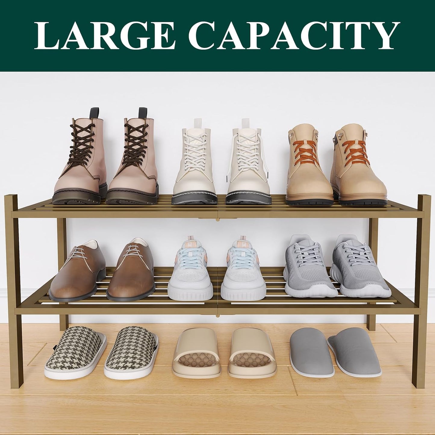 Smiry Bamboo Shoe Rack, 3 Tier Free Standing Wooden Shoe Organizer, Stackable Wood Shoe Storage Shelf for Closet, Entryway, 5 Horizontal Slats, 26.8"x11"x18.3", Natural