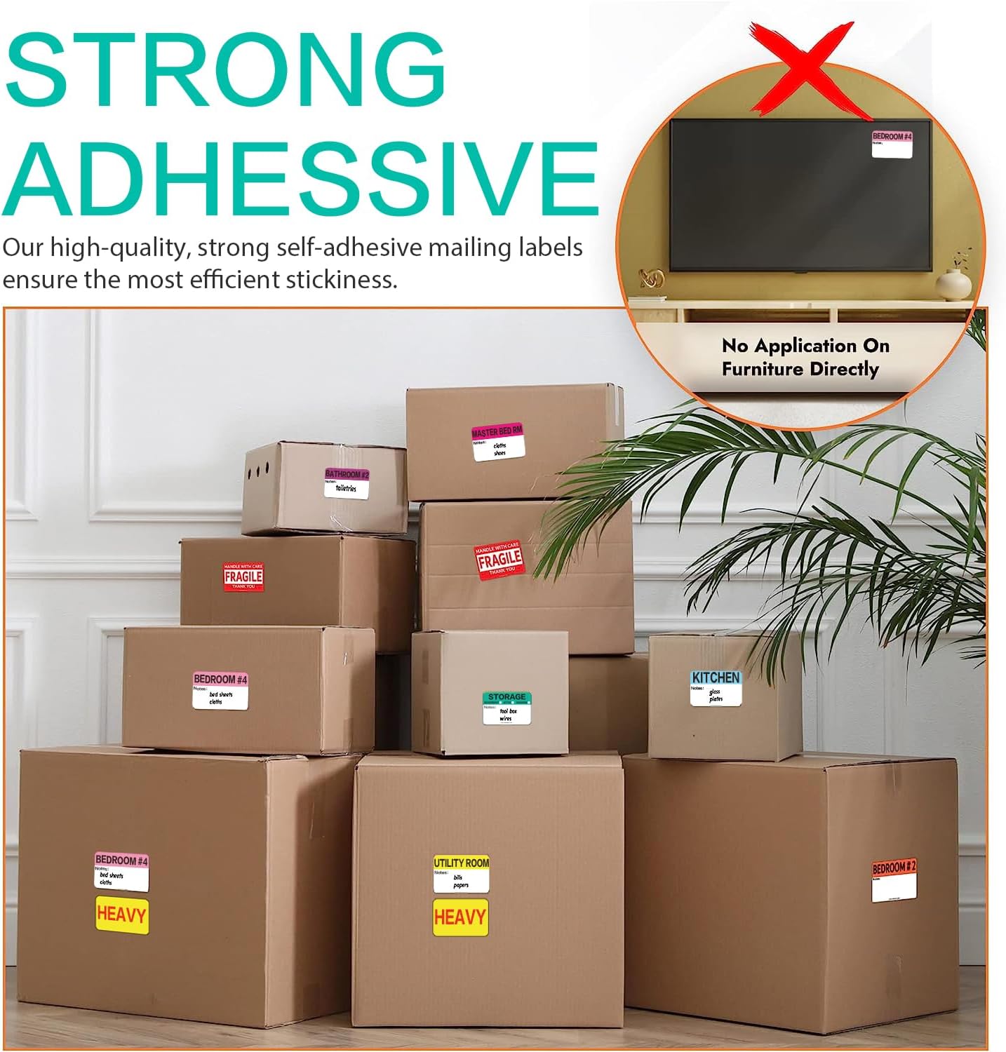 600 Count 3 x 2 Large Home Moving Packing Box Labels for 3-4 Bedroom House with Writable Notes Areas, 17 Color Coded Moving Labels for Boxes + Fragile Moving Stickers + Heavy and Blank Labels