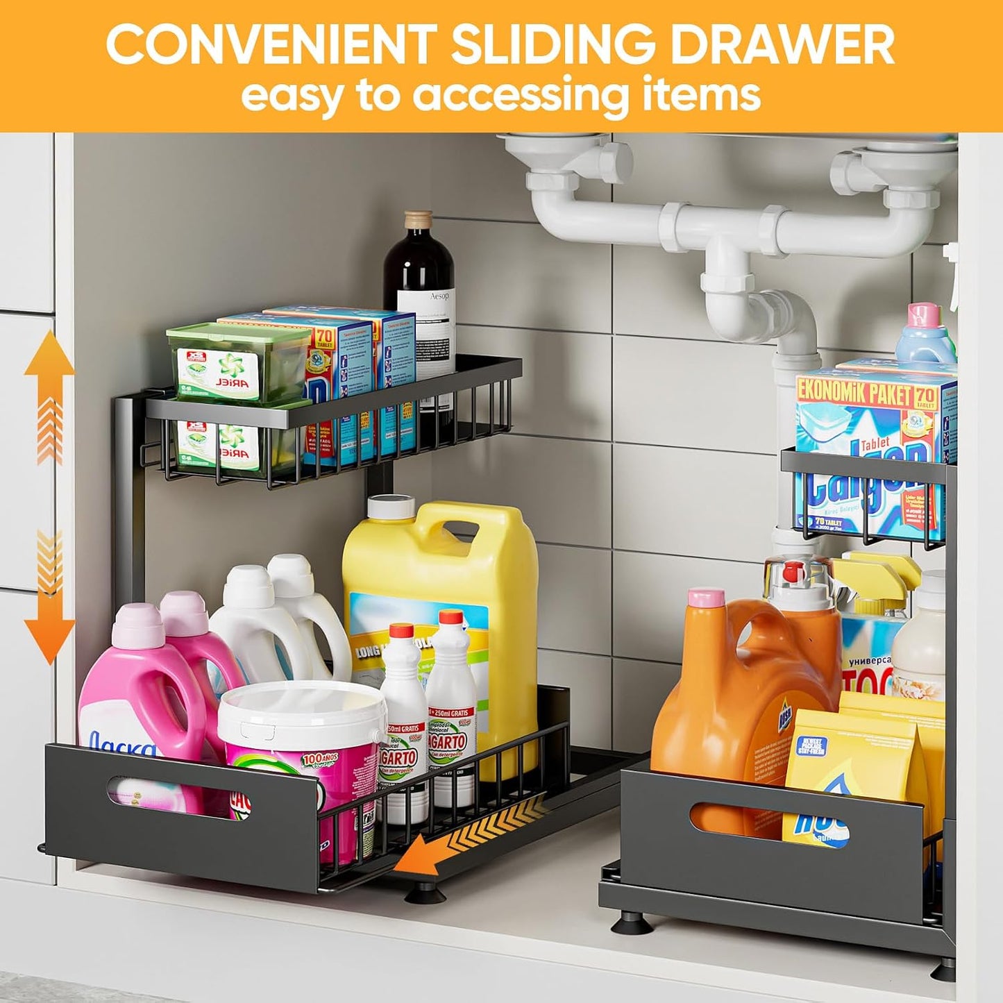 Saydear Under Sink Organizer Storage 2-Tier Premium Metal Pull-Out Kitchen Cabinet Organizer with Sliding Drawer, Height Adjustable, Heavy Duty for Kitchen & Bathroom Organizers 2 Pack Black