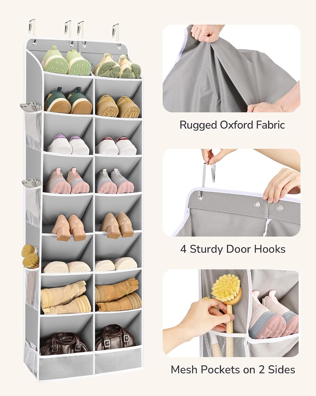 ULG Over The Door Shoe Organizer for Closet Fit 24-32 Pairs with Large Deep Pockets, Narrow Shoe Rack for Door Hanging Boots Storage, Black