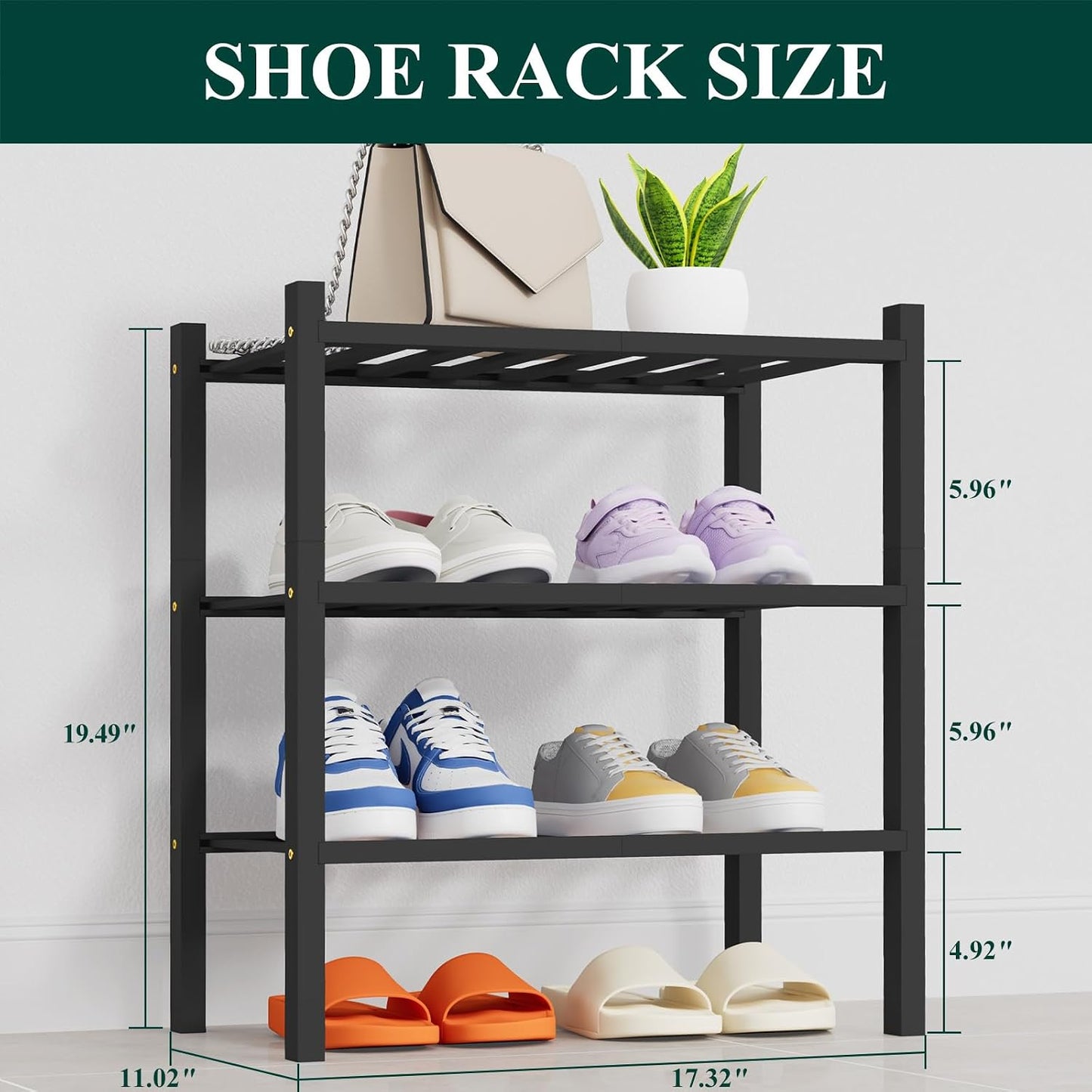 Smiry Bamboo Shoe Rack, 3 Tier Free Standing Wooden Shoe Organizer, Stackable Wood Shoe Storage Shelf for Closet, Entryway, 12 Vertical Slats, 2+1 Stack Standard Legs, 26.8"x11"x19.5", Natural