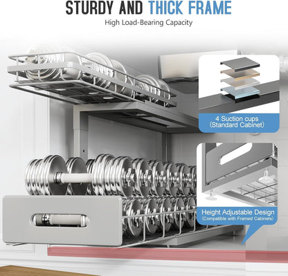 Under Sink Organizer Upgrade To Professional Rails,2-Tier Dual Pull Out Cabinet Storage,Height Adjustable Slide Out Drawers For Bathroom Kitchen,2 Pack-14.5" Dx12.8-16.9" H,White