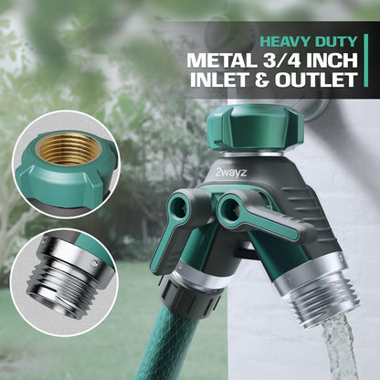 2WAYZ Hose Splitter 2 Way Heavy Duty Outdoor Faucet and Garden Connector - Water Spigot Splitter - Durable All-Metal Y Adapter with Shut-Off Valve - 4 x 4 x 1.5 Inches