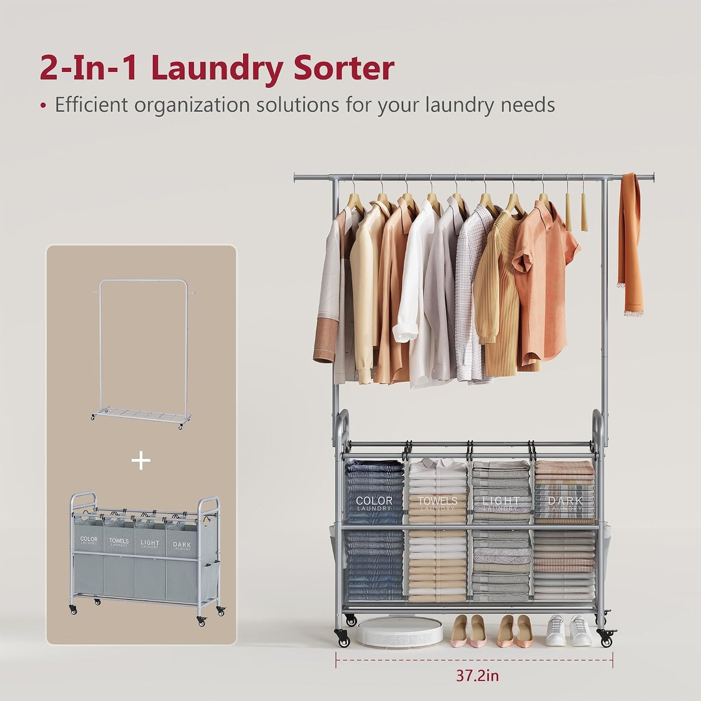 Tajsoon Laundry Hamper with Hanging Rack, 3 Section Laundry Sorter with Heavy Duty Lockable Wheels, Laundry Basket Organizer for Dirty Clothes Storage, 3 Beige