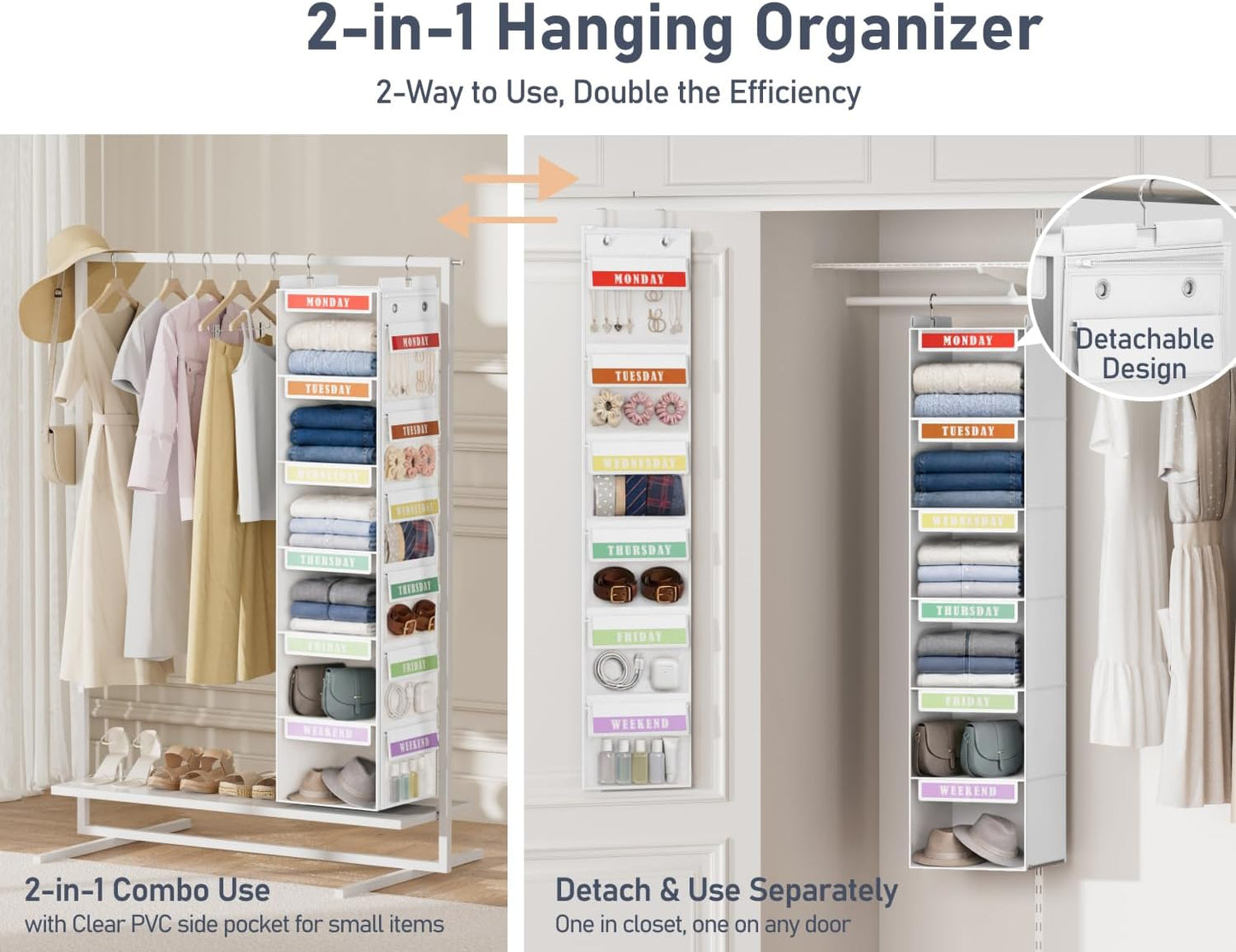 DIMJ Hanging Closet Organizer 2 in 1 - Weekly Clothes Organizer for Kids Over the Door Organizer 6-Shelf Daily Monday Friday Weekend Hanging Shelves, for School Outfits, Baby Clothes, Grey