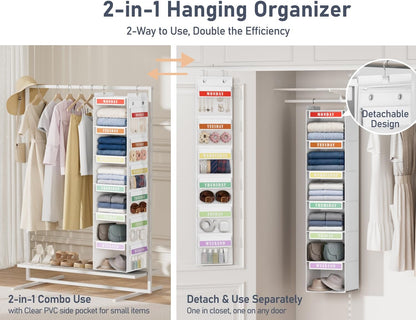 DIMJ Hanging Closet Organizer 2 in 1 - Weekly Clothes Organizer for Kids Over the Door Organizer 6-Shelf Daily Monday Friday Weekend Hanging Shelves, for School Outfits, Baby Clothes, Grey