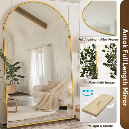 Antok 58" x19” Arched Full Length Floor Mirror, Gold Aluminum Frame, Free Standing/Wall Mount/Leaning for Bedroom, Living Room, Dressing Room