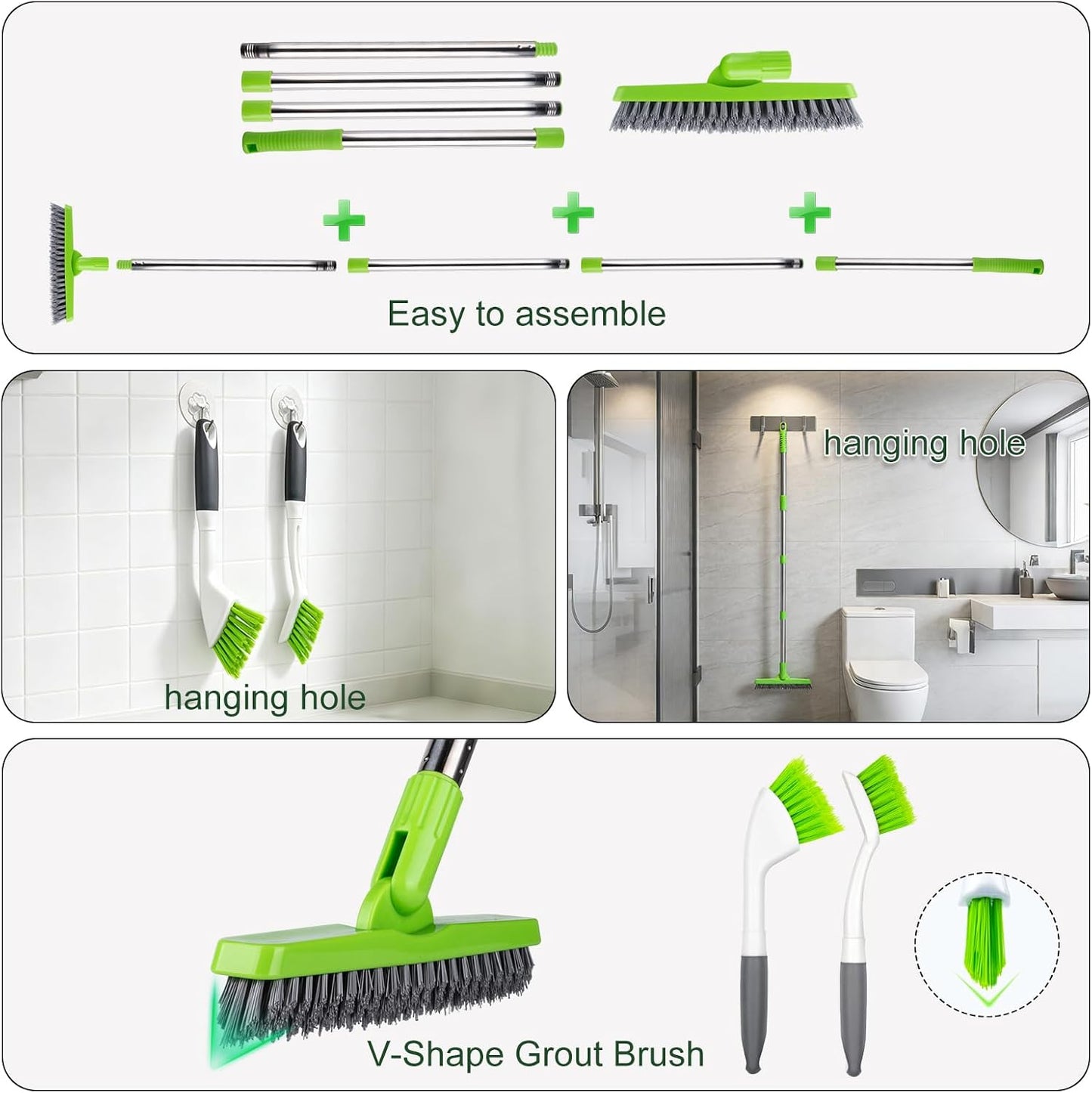 Grout Brush with Long Handle & Groove Gap Scrub Brush, Grout Cleaning Brush,V-Shape Grout Scrub Brush,Grout Cleaner Brush for Bathroom,Tile,Baseboard, Kitchen, Space Window Track, Corner