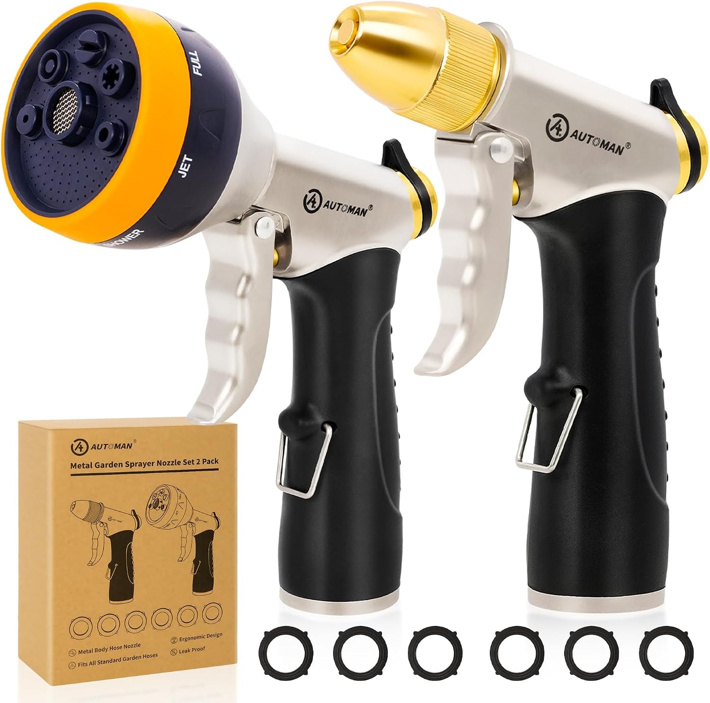 AUTOMAN Garden Hose Nozzle Sprayer - High Pressure 100% Metal Water Spray Nozzle With 4 Patterns - Heavy Duty for Watering Plants, Lawns, Washing Cars & Pets