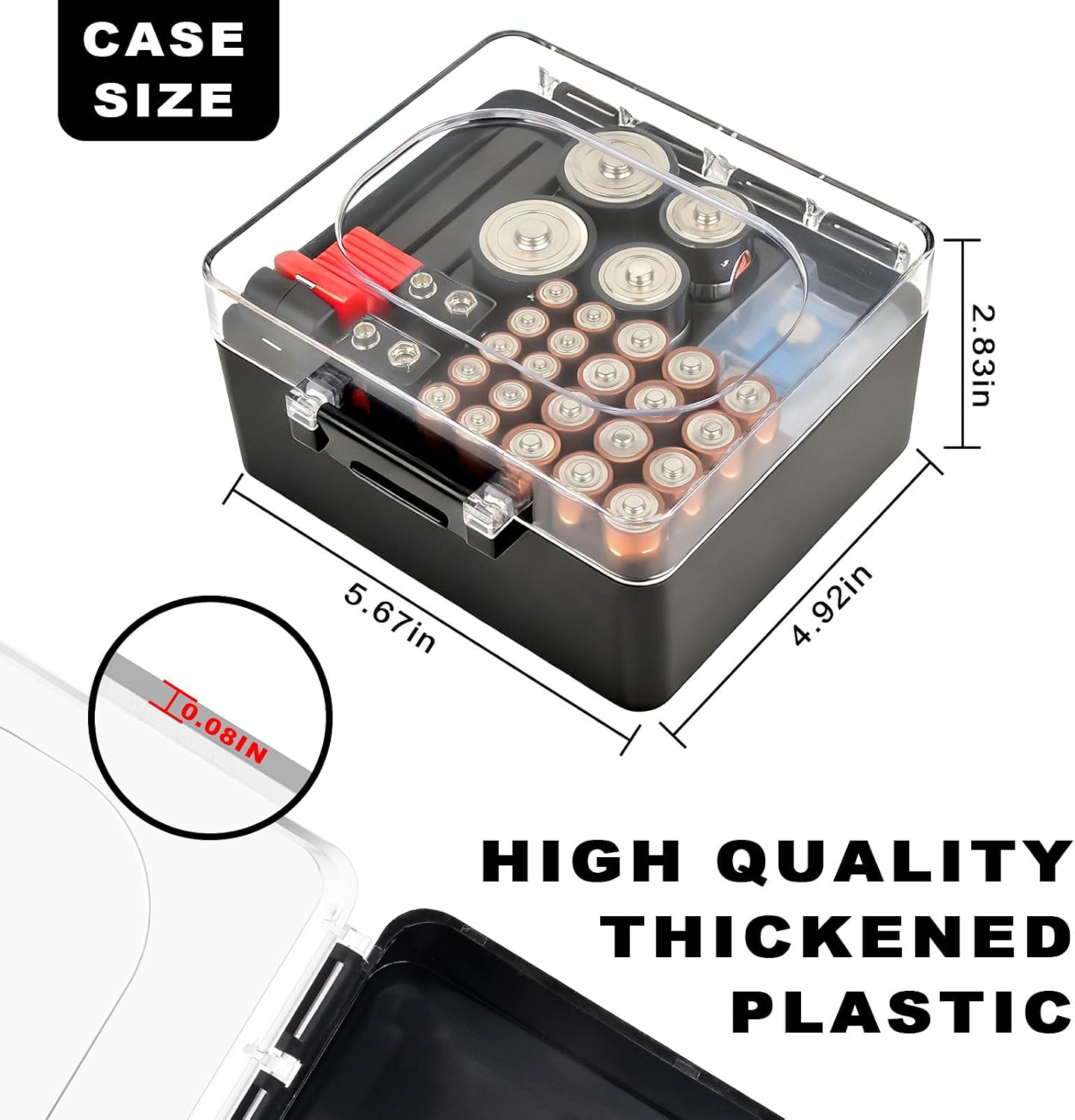 FULLCASE Plastic Battery Organizer with Tester, Battery Storage Case for AA AAA C D 9V Batteries, Portable Battery Holder Box for Home, Travel & Emergency Kits(Case Only) Black
