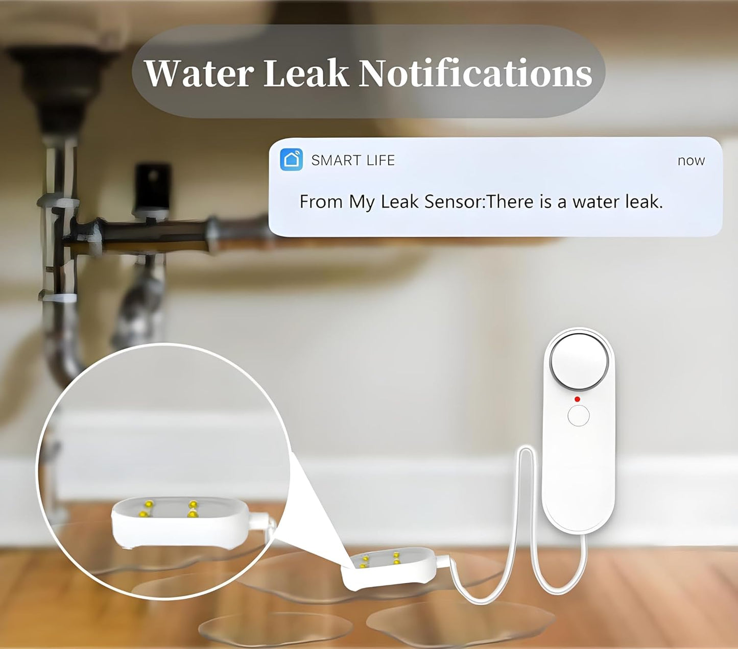 WiFi Water Level Detector Tuya Smart Sensor Alarm Dual Probe Loud Volume APP Alert Monitoring with 6.5 Feet Detection Line for Swimming Pool Fish Tank Aquarium