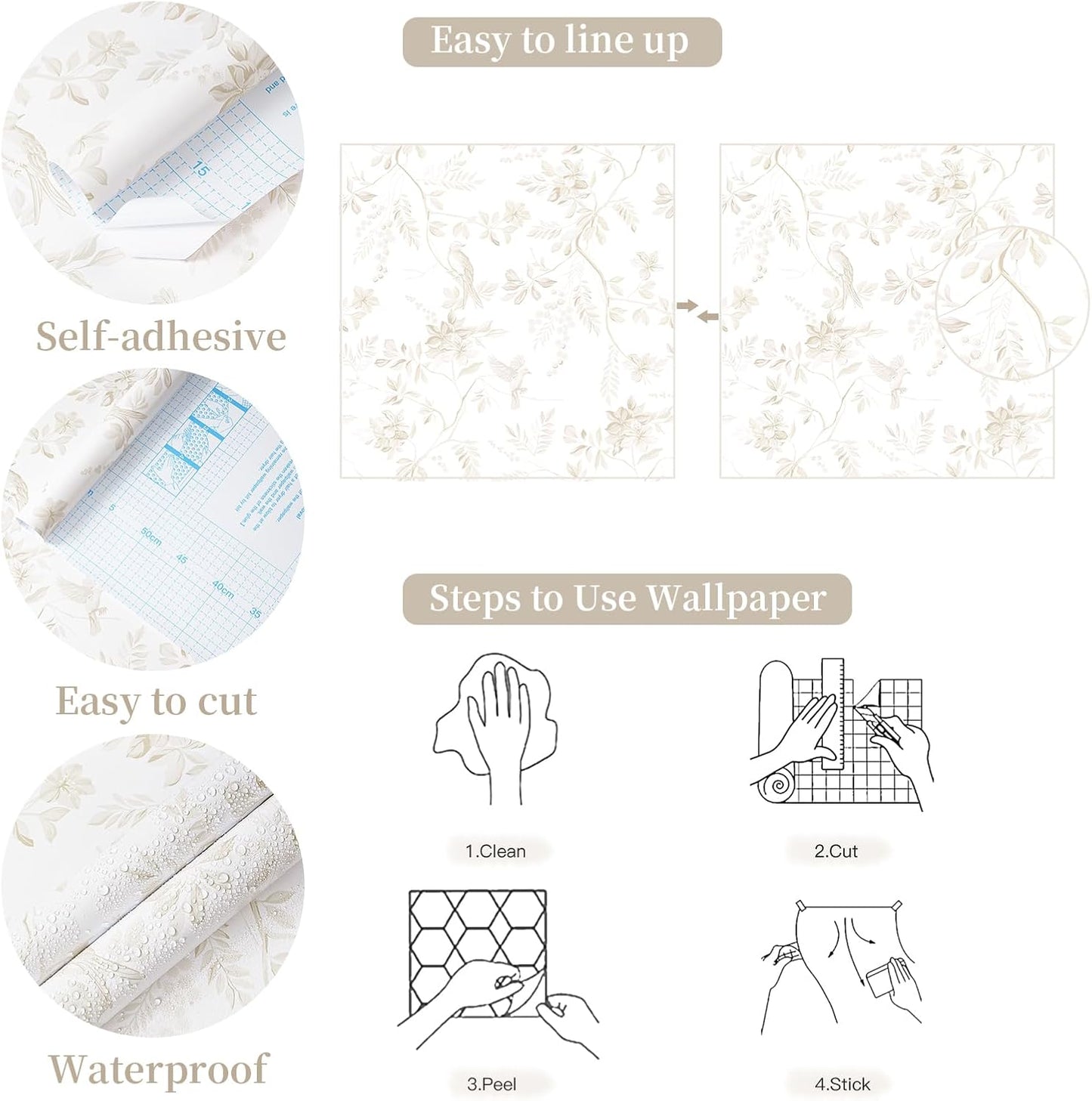 Dimoon 17.3''x78.7'' Vintage Peel and Stick Wallpaper Boho Beige Neutral Contact Paper White Floral Bird Wallpaper Removable Botanical Renter Friendly Modern Wall Paper Bedroom Bathroom Vinyl Roll