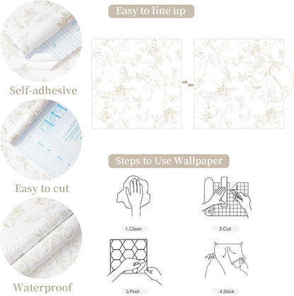 Dimoon 17.3''x78.7'' Vintage Peel and Stick Wallpaper Boho Beige Neutral Contact Paper White Floral Bird Wallpaper Removable Botanical Renter Friendly Modern Wall Paper Bedroom Bathroom Vinyl Roll