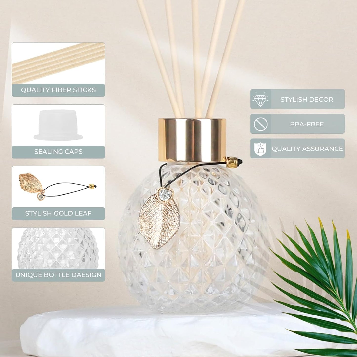 4-Piece Reed Diffuser Set with Metal Golden Decoration, 3.5-4.2oz Empty Bottles and 20 Reed Sticks, Unique Design for Home and Office (4 Different Bottles)