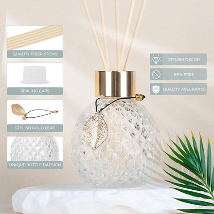 4-Piece Reed Diffuser Set with Metal Golden Decoration, 3.5-4.2oz Empty Bottles and 20 Reed Sticks, Unique Design for Home and Office (4 Different Bottles)