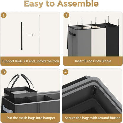 Optish 180L Laundry Hamper 3 Section, Large Laundry Hamper with Lid, Dirty Clothes Hampers with 3 Inner Bags, Laundry Basket Organizer for Laundry, Bedroom, Bathroom, Hamper 3 Compartment, Black