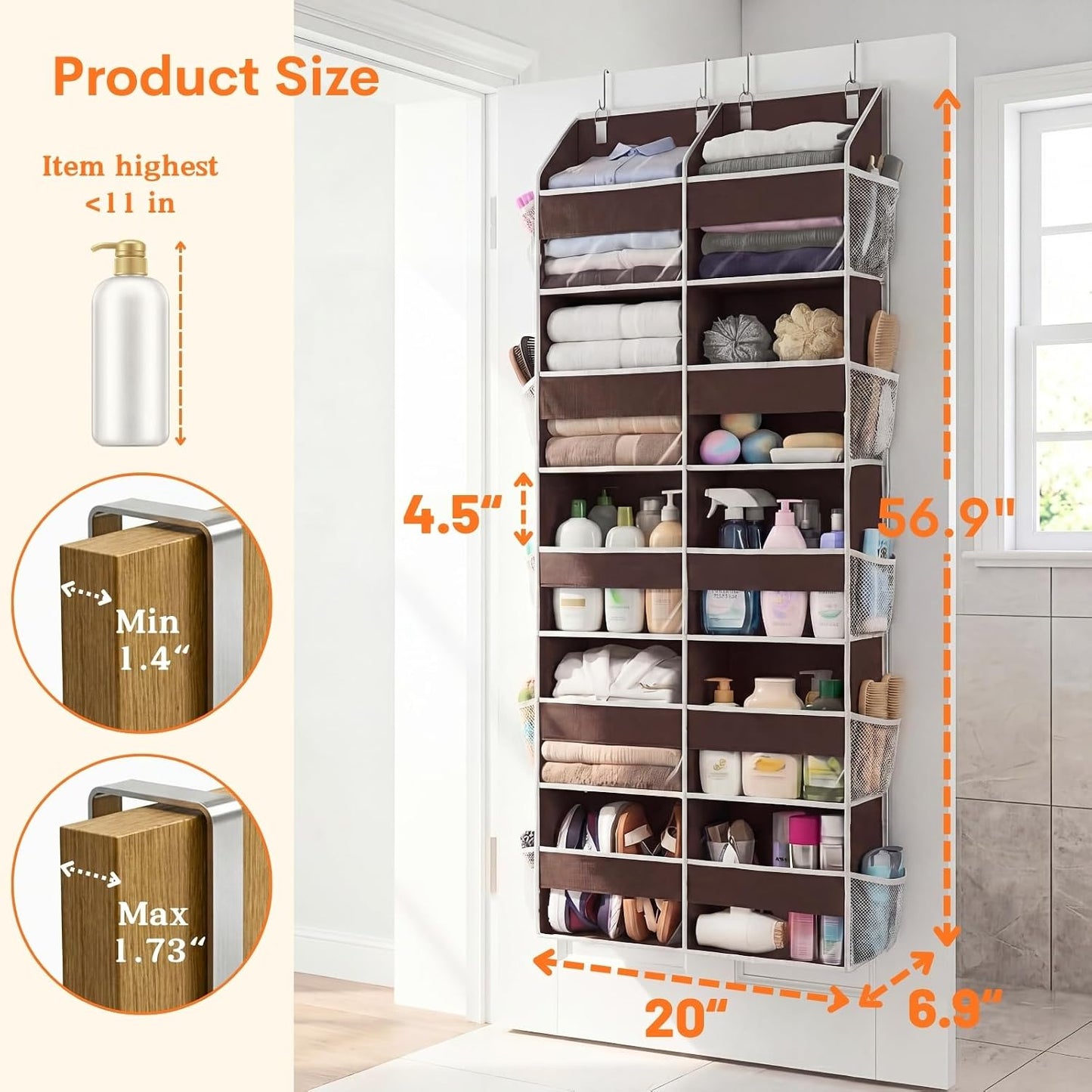 Over The Door Organizer, 5-Tier Extra Large Behind Door Storage with 10 Big Front & 10 Mesh Pockets, 80lb Capacity, Hanging Storage Organizer with Clear Window Kids Toys, Shoes, Diapers, Light Grey