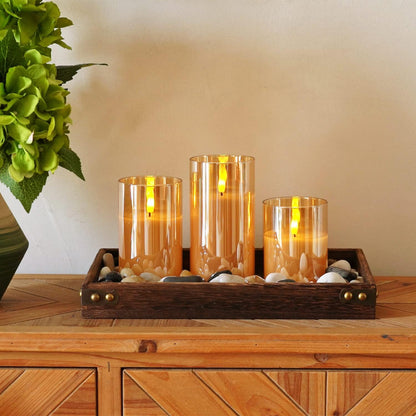 Homemory Green Glass Flameless Candles, Battery Operated LED Pillar Candles with Remote Control and Timer, Radiance Candles, Real Wax, Set of 3,D3 xH4 5" 6"