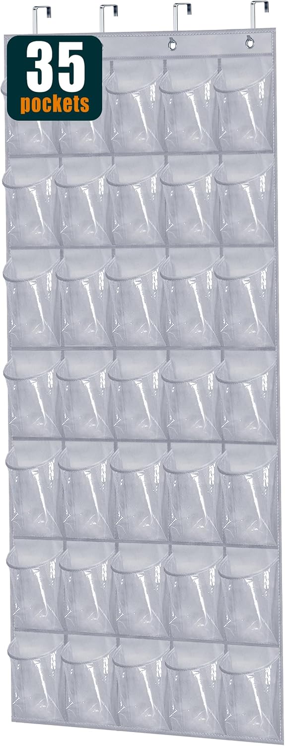 MISSLO 35 Clear Large Pockets Over The Door Shoe Organizer Sturdy Oxford Fabric Hanging Shoe Rack Closet Shoe Holder Hanger, White