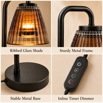 Candle Warmer Lamp with Timer, Dimmer, Vintage Glass Shade | Adjustable height, 2/4/8-hour timer, wood base, 2 bulbs included