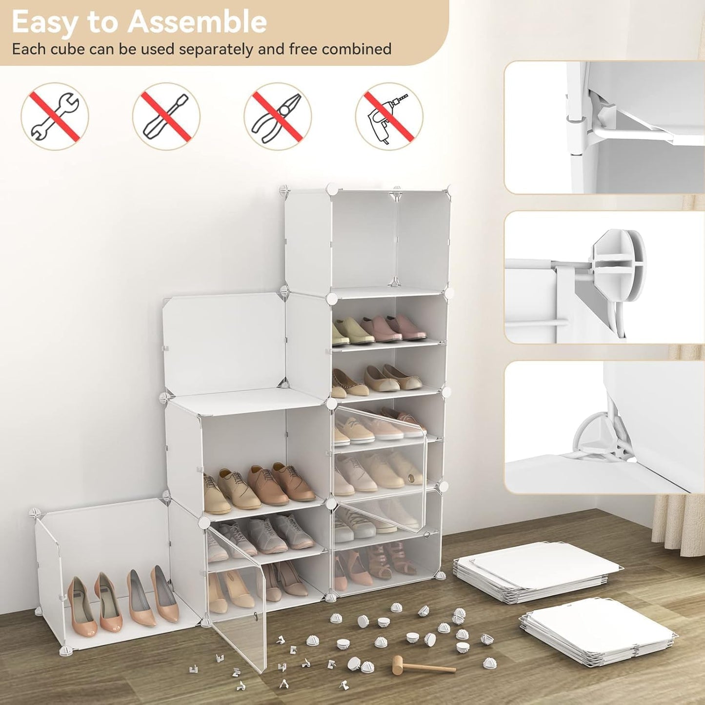 Portable Shoe Rack Organizer with Door, 96 Pairs Shoe Storage Cabinet Easy Assembly, Plastic Adjustable Shoe Storage Organizer Stackable Detachable Free Standing DIY Expandable 12 Tier Black