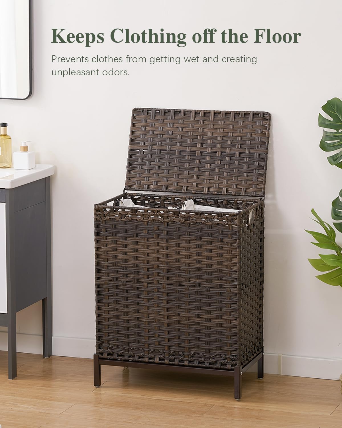 SETVSON Laundry Hamper with Lid 132 L, (35 Gallons) Clothes Hamper with Lid, Handwoven Rattan Laundry Hamper with Metal Heightened Feet, Laundry Hampers with 3 Removable Liner Bags for Laundry-Natural