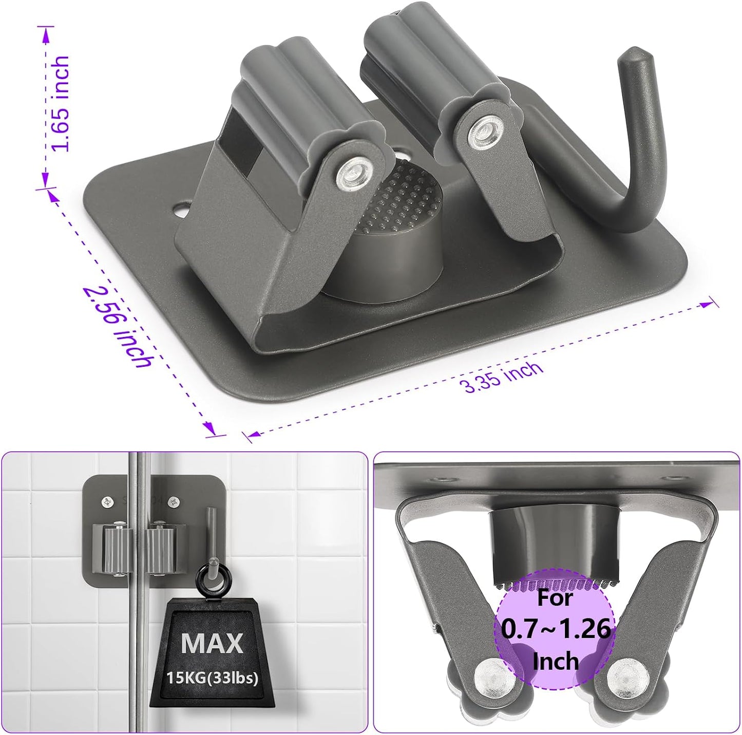 Stainless Steel Broom Holder, Heavy Duty, Rust Resistant, 4 Gripper Positions with 4 Hooks, Black