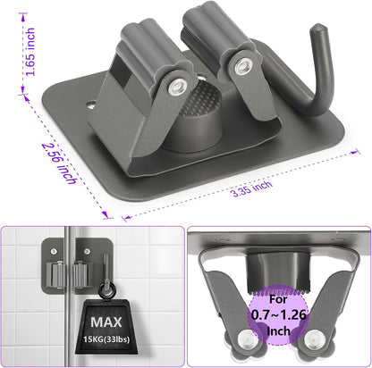 Stainless Steel Broom Holder, Heavy Duty, Rust Resistant, 4 Gripper Positions with 4 Hooks, Black