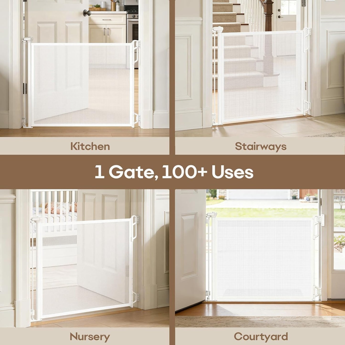 SPACEANY Retractable Safety Baby Gate or Mesh Dog Gate,Durable Portable Mesh Retractable Gate,Easy to Use for Stairs, Doorways, Hallways, Indoor, Outdoor, 33.5" Tall, Up to 45" Wide, Cream
