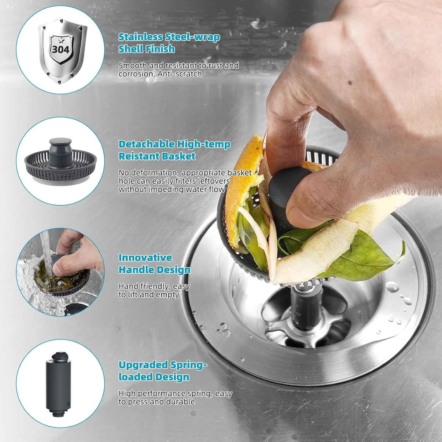 Hibbent 3 in 1 Kitchen Sink Drain Strainer, Stainless Steel Wrapped Shell Drain Stopper Combo, Pop Up Sink Stopper, 3 Anti-Clogging Basket Strainer with Foldable Handle for US Standard 3-1/2" Drain
