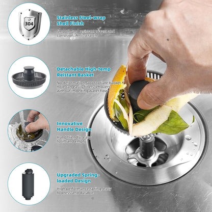 Hibbent 3 in 1 Kitchen Sink Drain Strainer, Stainless Steel Wrapped Shell Drain Stopper Combo, Pop Up Sink Stopper, 3 Anti-Clogging Basket Strainer with Foldable Handle for US Standard 3-1/2" Drain