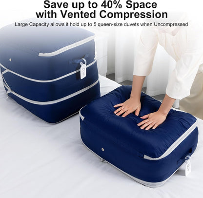 Comforter Storage Bag - Large Capacity Blanket Storage Bags 3-Layer Ultra Space Saving Self Compression Organizer, Washable Compression Bags for Storage Comforter Blanket, 2-Pack, Beige