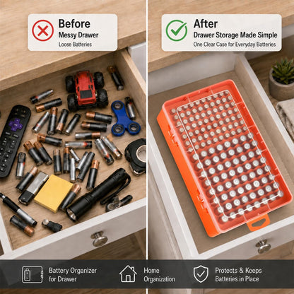Xuerdon Battery Organizer Case with BT168 Tester 120+ Batteries Storage Box | Clear Plastic Battery Box Holds 49AA 51AAA 10CR2032 10CR1632 Batteries, Wall Mount Drawer Organizer Batteries not Included