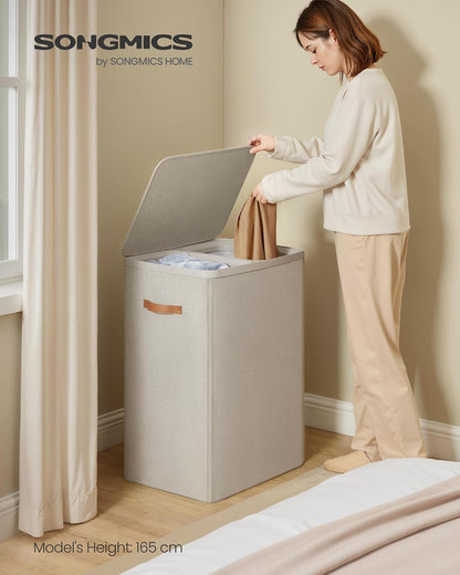 SONGMICS Laundry Basket, 50.2 Gal. Laundry Hamper, 3 Compartments, Easy Assembly, with Lid and Handles, Removable Liners, 25.2 x 15.7 x 29.5 Inches, Cappuccino Beige ULCB814LH01