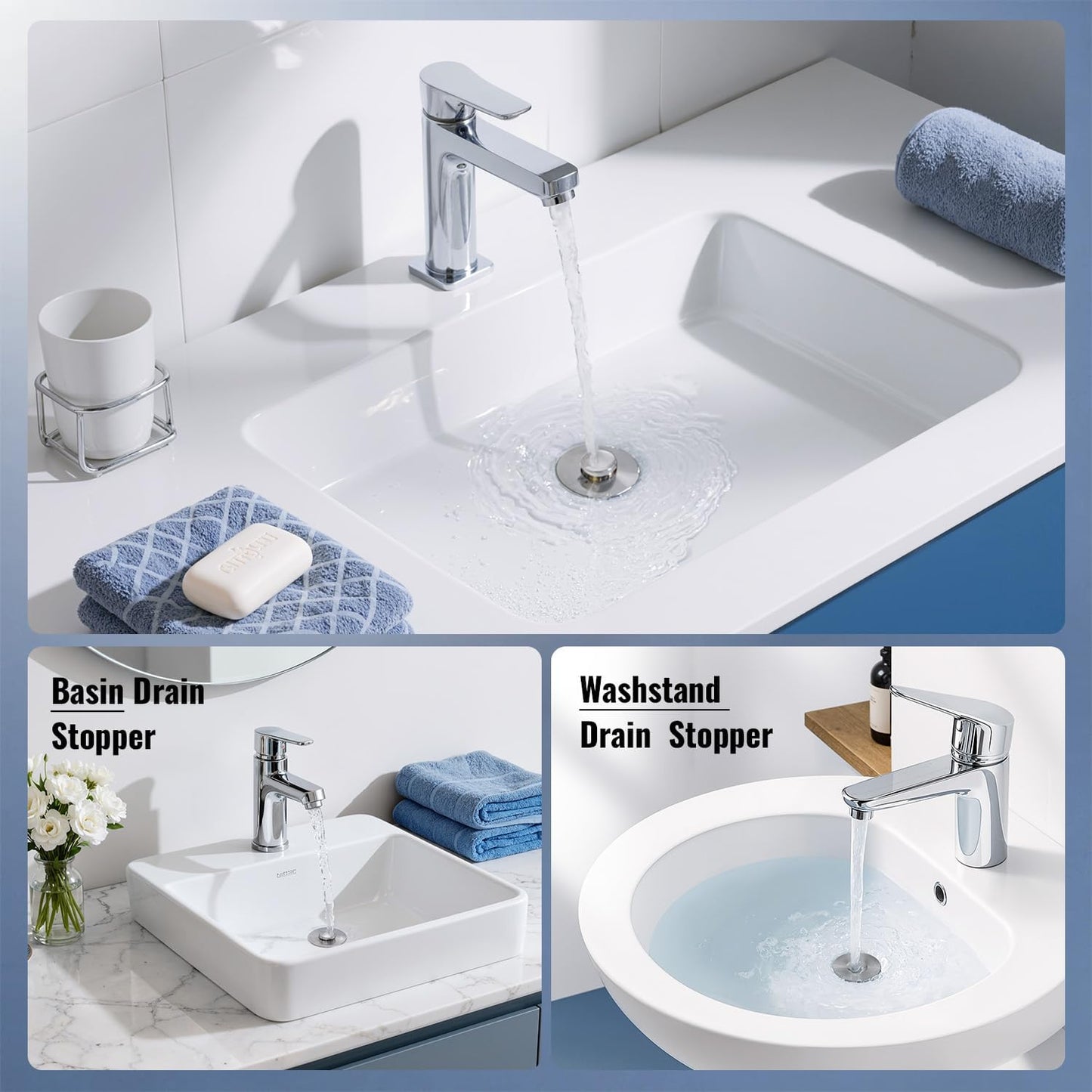 5-in-1 Bathroom Sink Stopper, 2 Pc Pop-Up Sink Drain Strainer with Removable Bascket, Anti-Clog Strainer, Odor Blocking & One-Way Flow Design, Brass & Stainless Steel All Metal Made, Fit 1.1"–2.36"