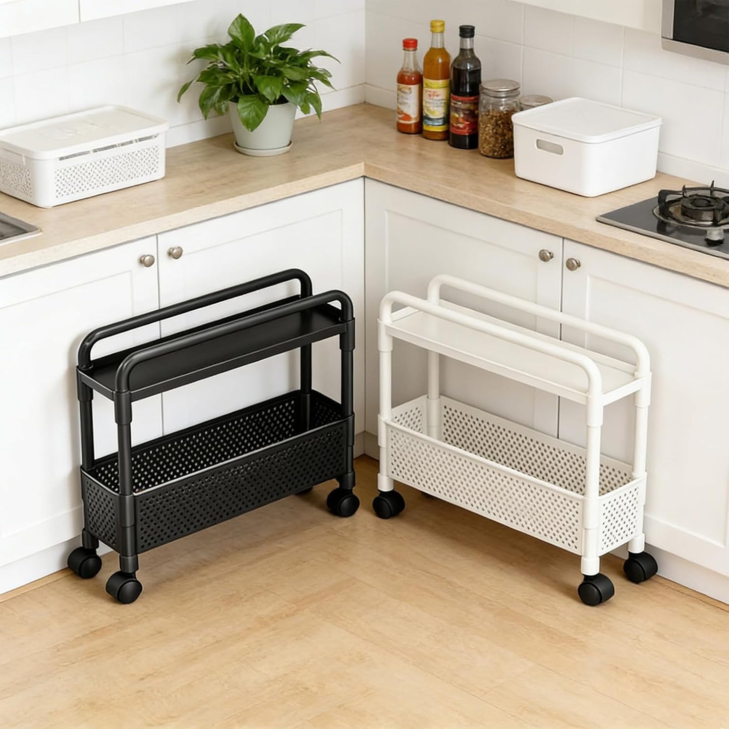 2-Tier Rolling Storage Cart with Wheels, Slim Plastic Organizer Rack for Kitchen, Bedroom, and Bathroom, 15.74x5.12x16.54in (White)