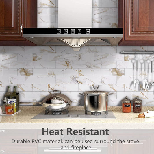 STICKGOO 100-Pieces Peel and Stick Backsplash, 3" x 6" PVC Wall Tile, Marble White Stick on Backsplash for Kitchen/Bathroom/Fireplace