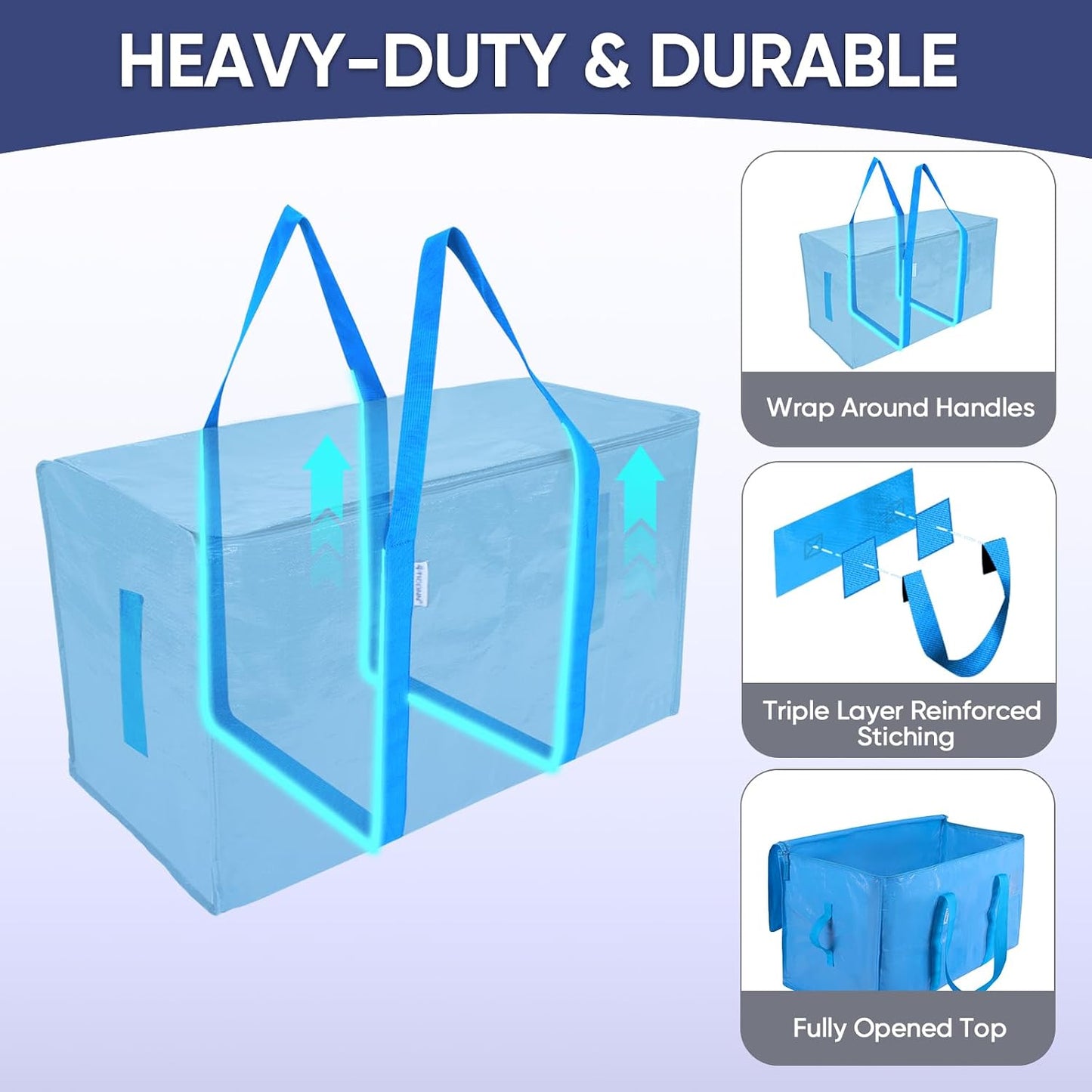 TICONN 4 Pack Extra Large Moving Bags Heavy Duty with Zippers & Carrying Handles, Durable Storage Bags Moving Boxes for Closet Organizers and Storage (4 Pack, Blue)