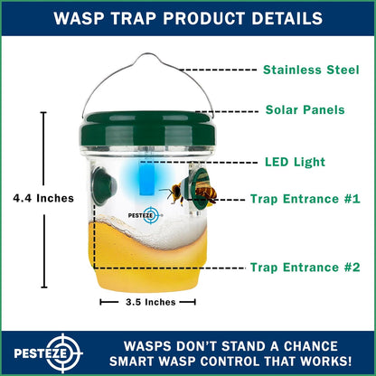 2 Pack PESTEZE Reusable Solar Hanging Wasp Trap with LED Light [Green Color: 3.5 X 4.4 Inch] Attracts, Catches Wasp, Hornet, Yellow Jacket & Insect Species 24/7. Waterproof & Durable