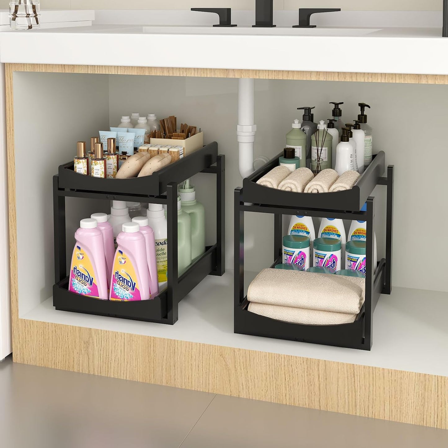 Bamboo Under Sink Organizer and Storage, 2 Pack Pull Out Cabinet Organization, 2 Tier Vertical Slide Out Undersink Storage Shelf, Multi-Purpose Organizer Shelves for Kitchen Bathroom Medicine
