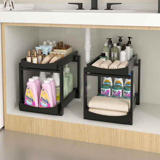 Bamboo Under Sink Organizer and Storage, 2 Pack Pull Out Cabinet Organization, 2 Tier Vertical Slide Out Undersink Storage Shelf, Multi-Purpose Organizer Shelves for Kitchen Bathroom Medicine